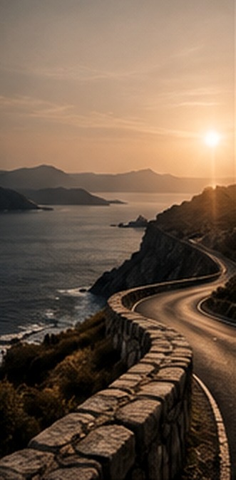 Coastal road at sunset, symbolizing direction and progress